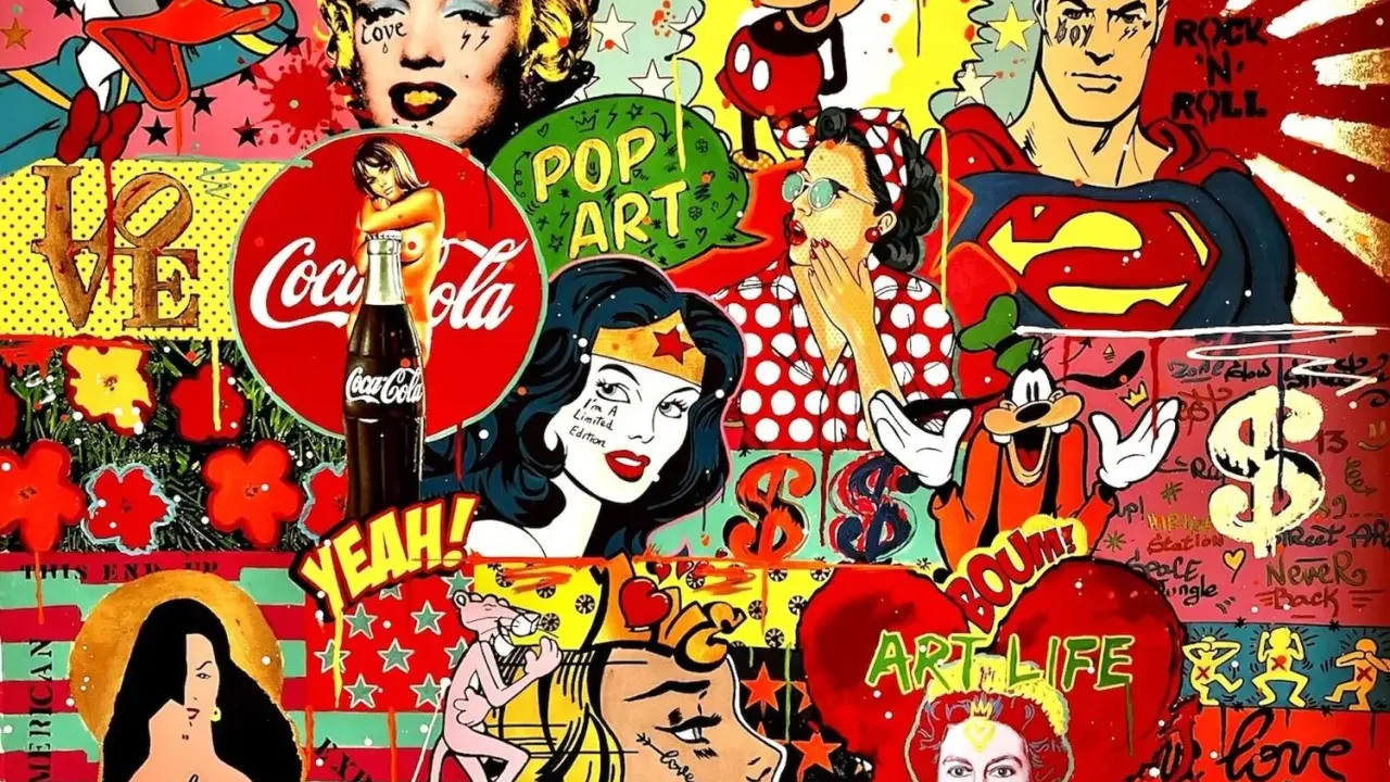 Pop Art Ideen: Marilyn Monroe, Superman, Mickey Mouse und mehr in einem bunten Collage-Stil.