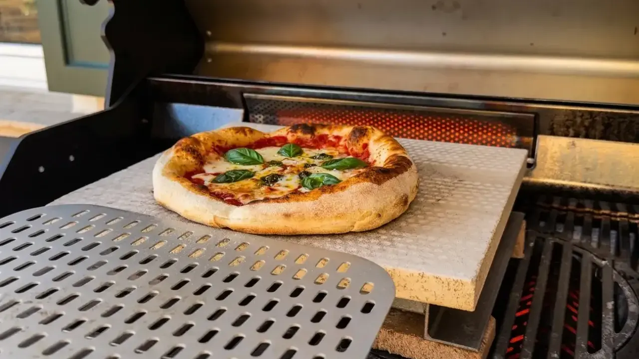 Pizza auf Pizzastein im Backofen, bereit zum Servieren. Eine Anleitung für den perfekten Pizzagenuss.