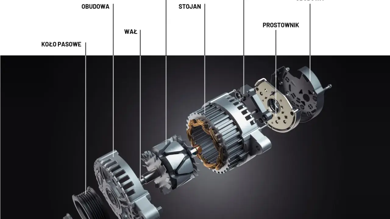 Rozłożony alternator: koło pasowe, obudowa, wał, wirnik, stojan, regulator, prostownik. Poznaj budowę alternatora.