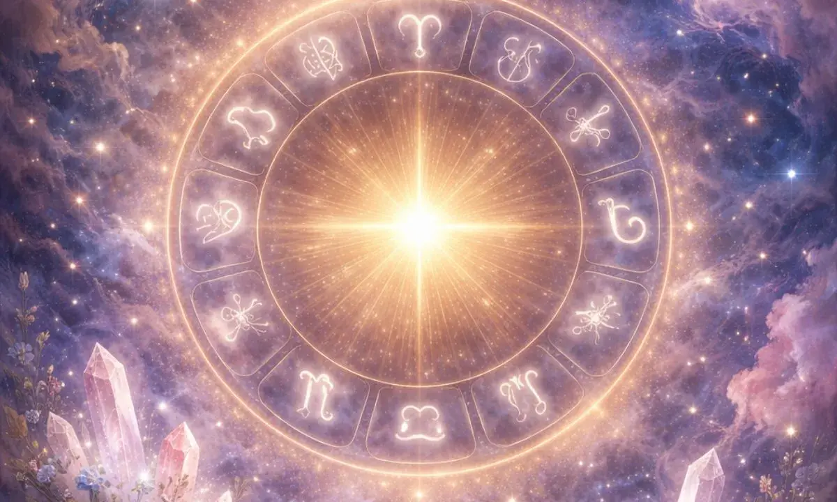 Zodiakalny krąg z symbolami gwiazd, w tym znakiem Lwa, otoczony kosmiczną mgławicą i kryształami. Twój horoskop tygodniowy Lew czeka!