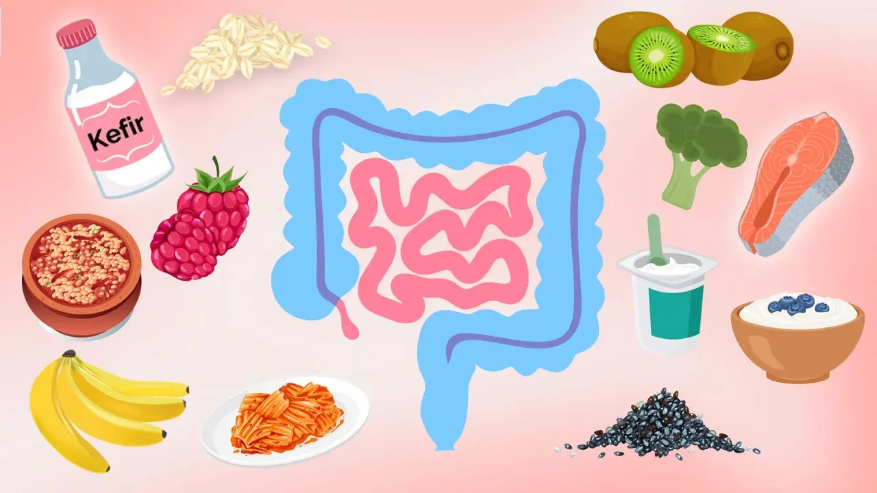 Bilder von Kefir, Haferflocken, Beeren, Bananen, Kimchi, Kiwis, Brokkoli, Lachs, Joghurt und Chia-Samen, die darmfreundliche Lebensmittel darstellen.