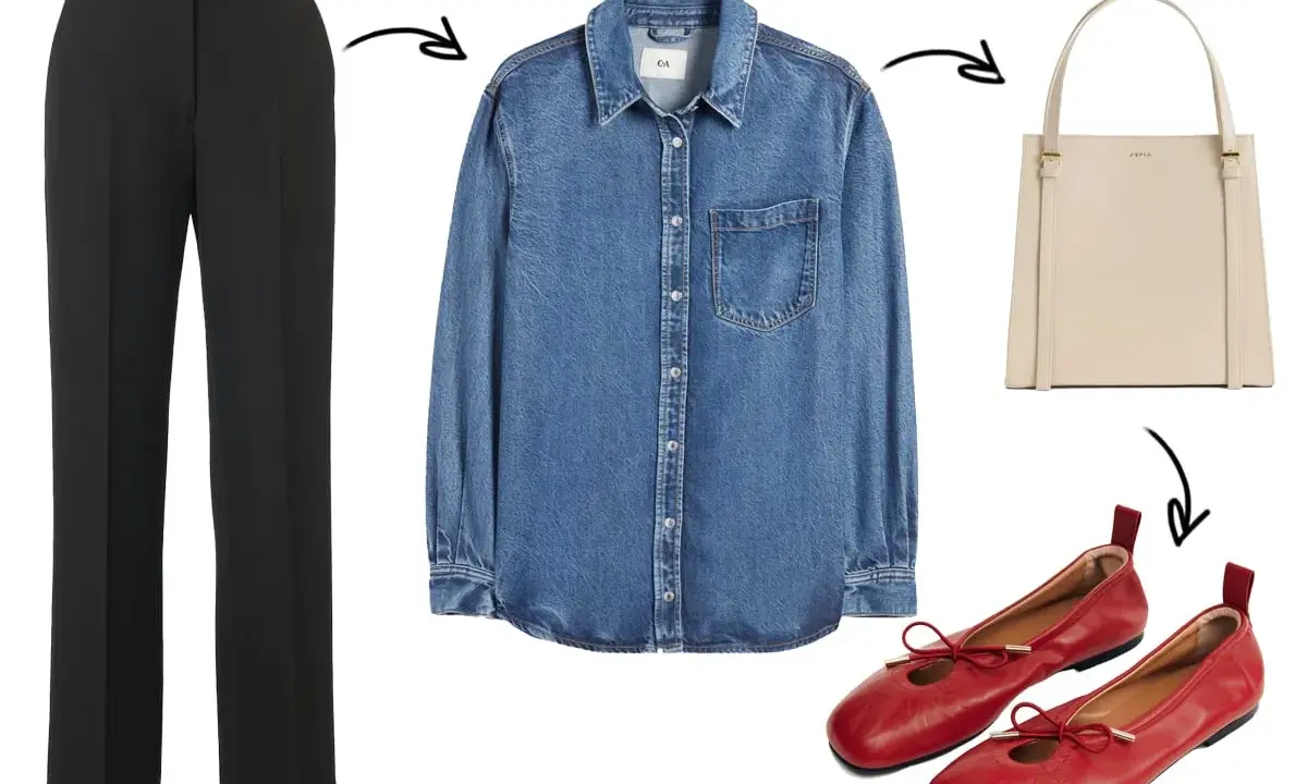Outfit camicia jeans e pantalone nero: un look casual chic con borsa beige e ballerine rosse.