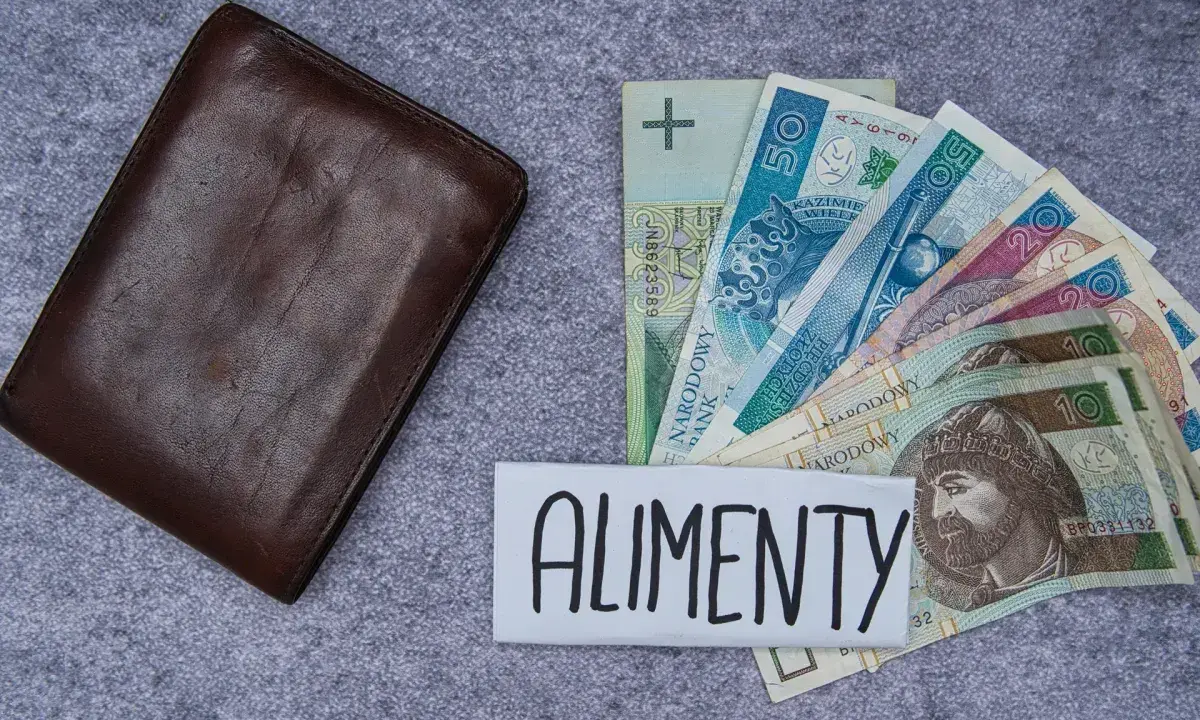 Brązowy portfel obok polskich banknotów i napisu "ALIMENTY". Symbolizuje wsparcie finansowe dla dzieci.