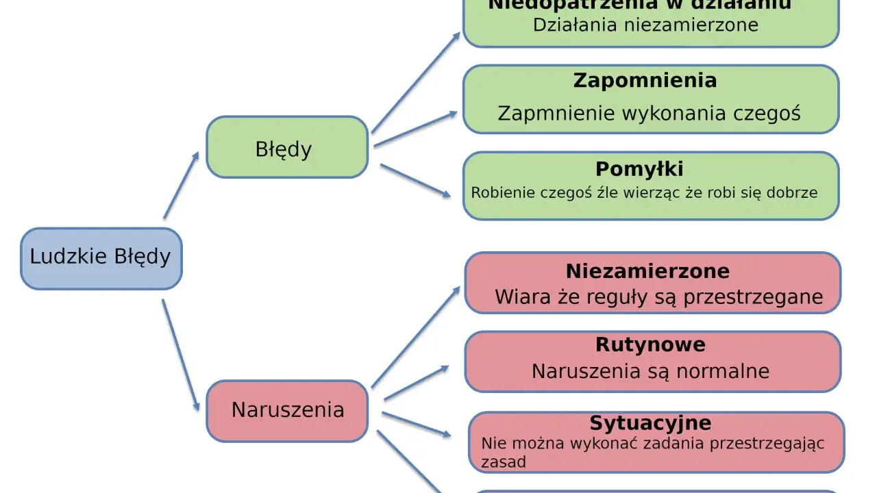 Ludzkie błędy: niedopatrzenia, zapomnienia, pomyłki. Naruszenia: niezamierzone, rutynowe, sytuacyjne, lekkomyślność.