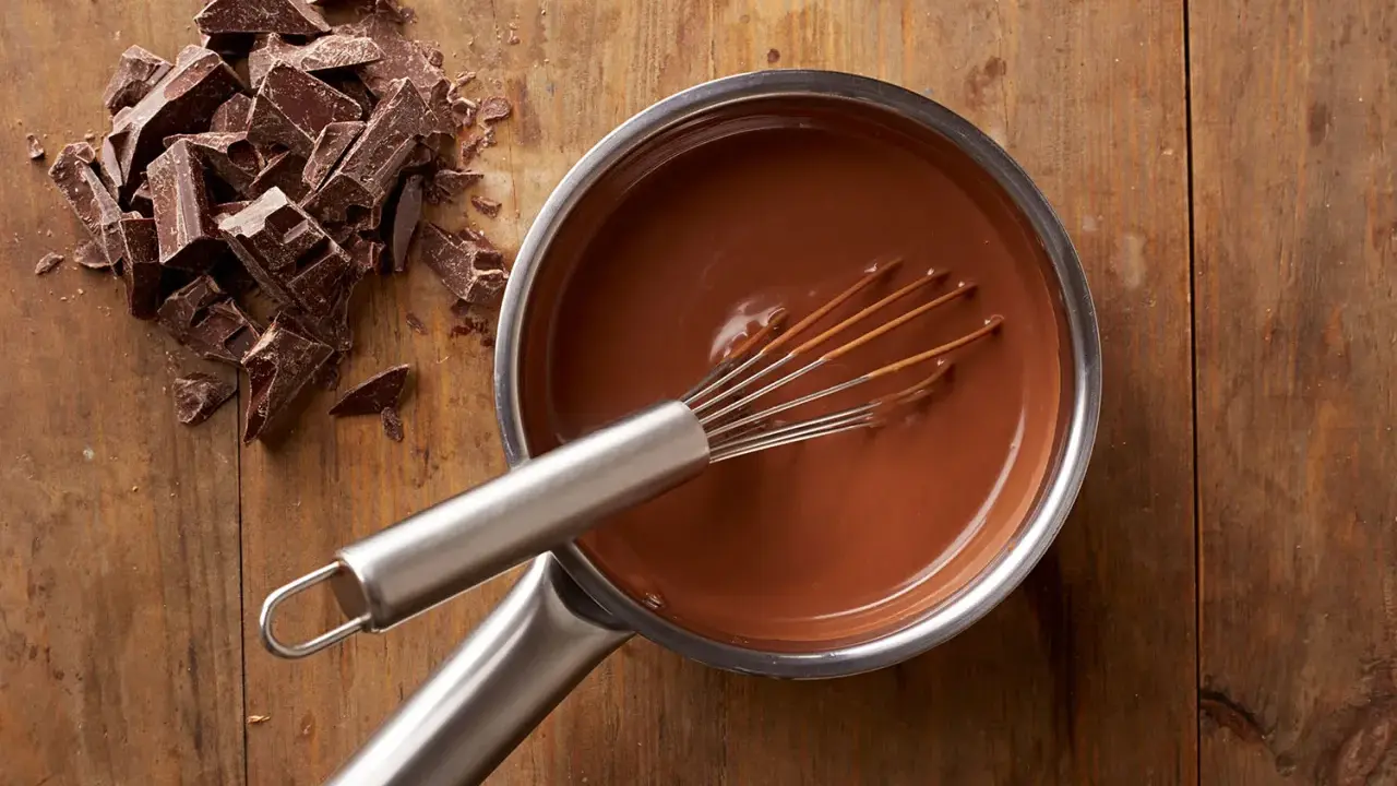 Chocolat fondu qui durcit dans une casserole, avec des morceaux de chocolat à côté sur une planche en bois.