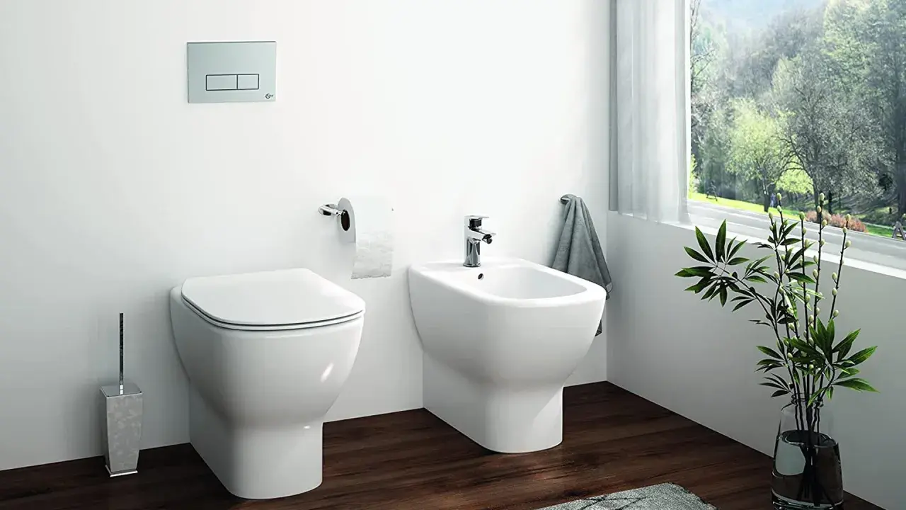 Bagno moderno con wc e bidet affiancati, un discreto muretto dietro nasconde lo scarico. Carta igienica e porta scopino completano l'arredo.