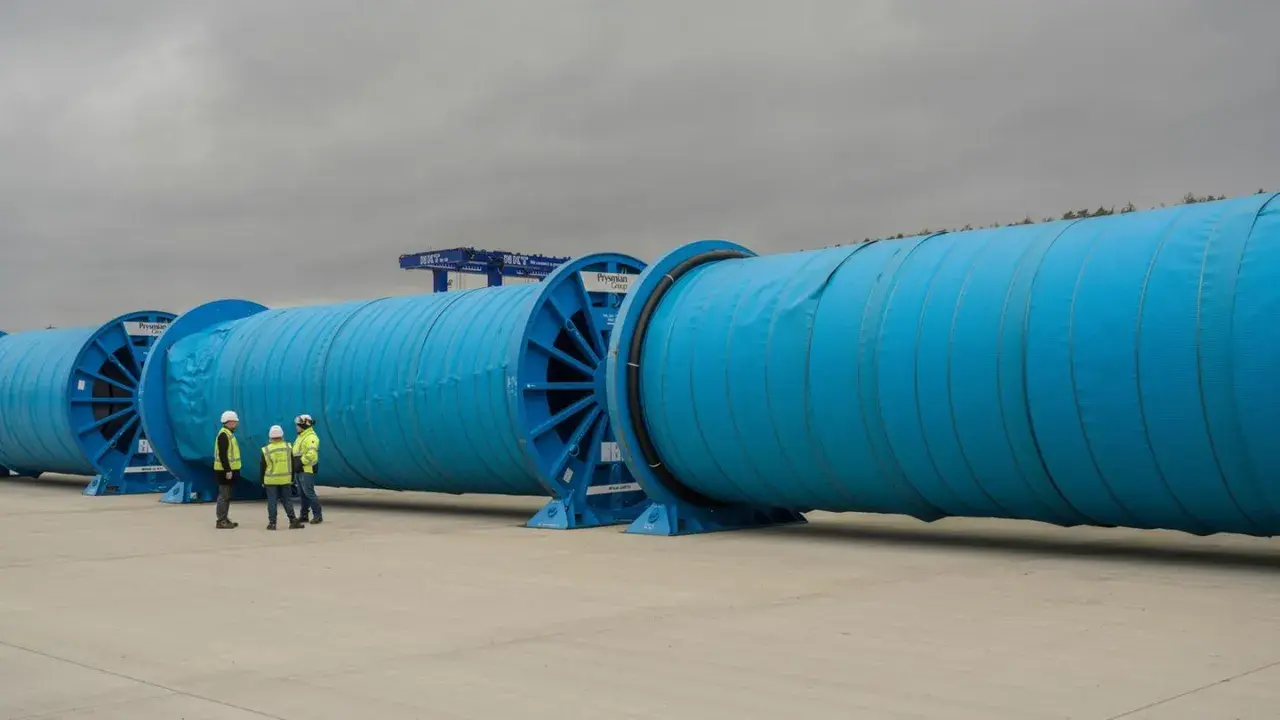Große blaue Kabeltrommeln mit Arbeitern davor, Kräne im Hintergrund.