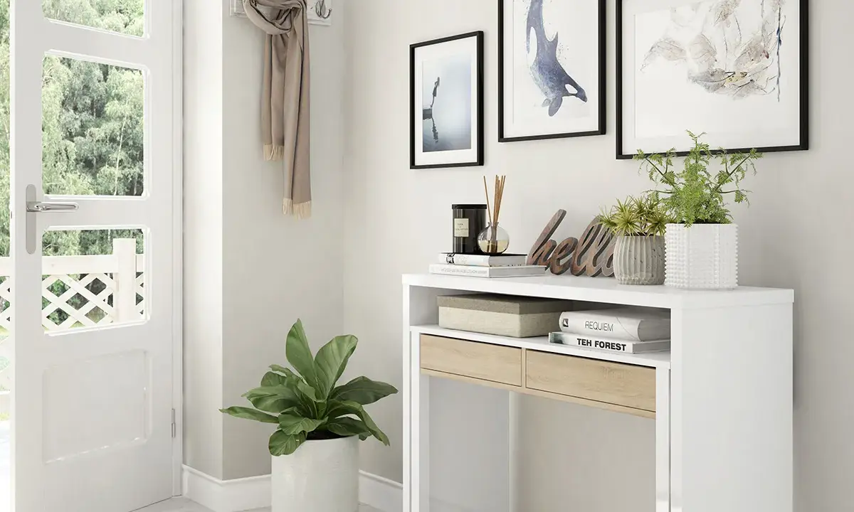 Une entrée accueillante avec un porte-manteau fait maison, des plantes et des tableaux.