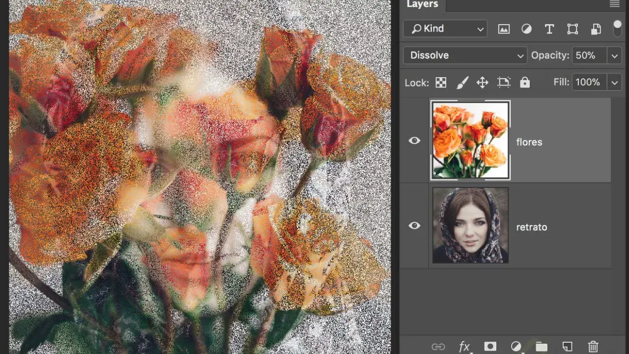 Capas de Photoshop con modo de fusión "Disolver" al 50% para fusionar un retrato con flores.