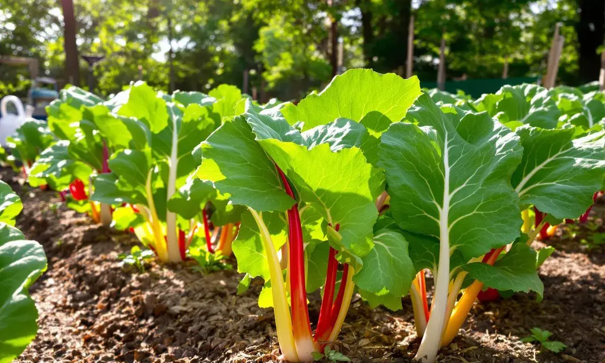 Rang de blettes de couleur aux tiges rouges et jaunes, baignées de soleil dans un potager.