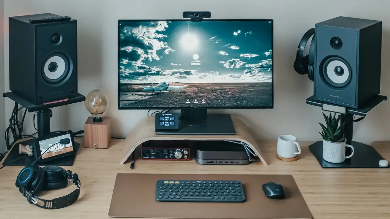 Un bureau moderne pour le setup teletravail : écran, enceintes, clavier, souris, casque et une webcam.
