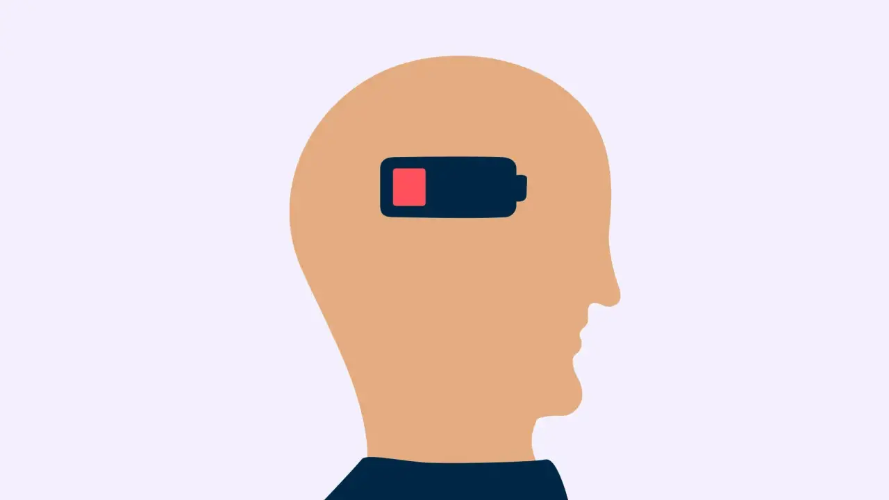 Profil av ett huvud med ett batteri inuti som visar låg laddning, en symbol för emotionell utmattning.