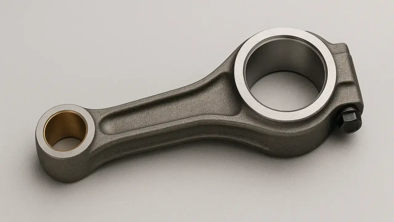 Una biela de motor de metal gris con un casquillo de bronce en un extremo y un perno en el otro.