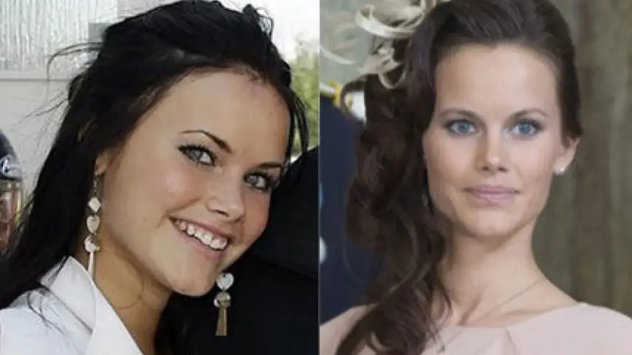 Sofia Hellqvist, före och efter Paradise Hotel. En bild visar henne ung och glad, den andra som en elegant prinsessa.