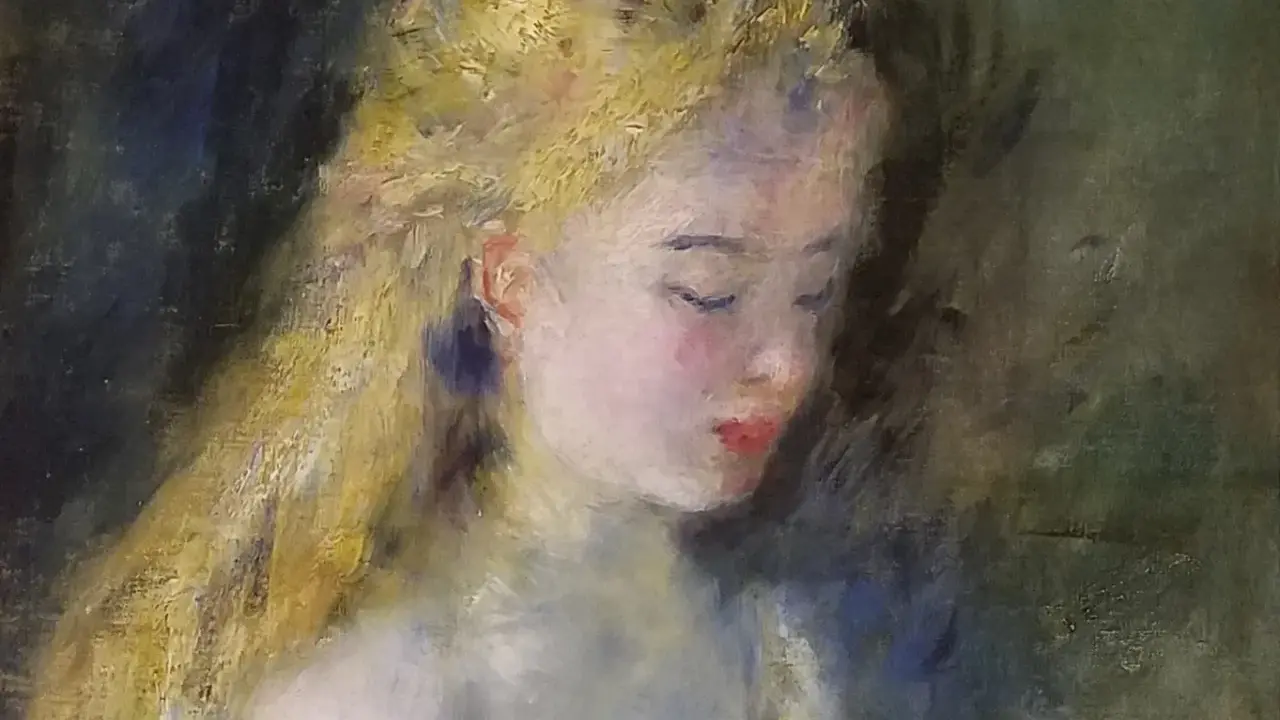 Ett drömskt auguste renoir konstverk av en ung kvinna med gyllene hår och slutna ögon, badande i mjukt ljus.