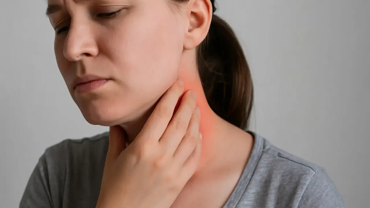 Donna con mano sul collo arrossato, prova dolore alla pelle che fa male sfiorandola.
