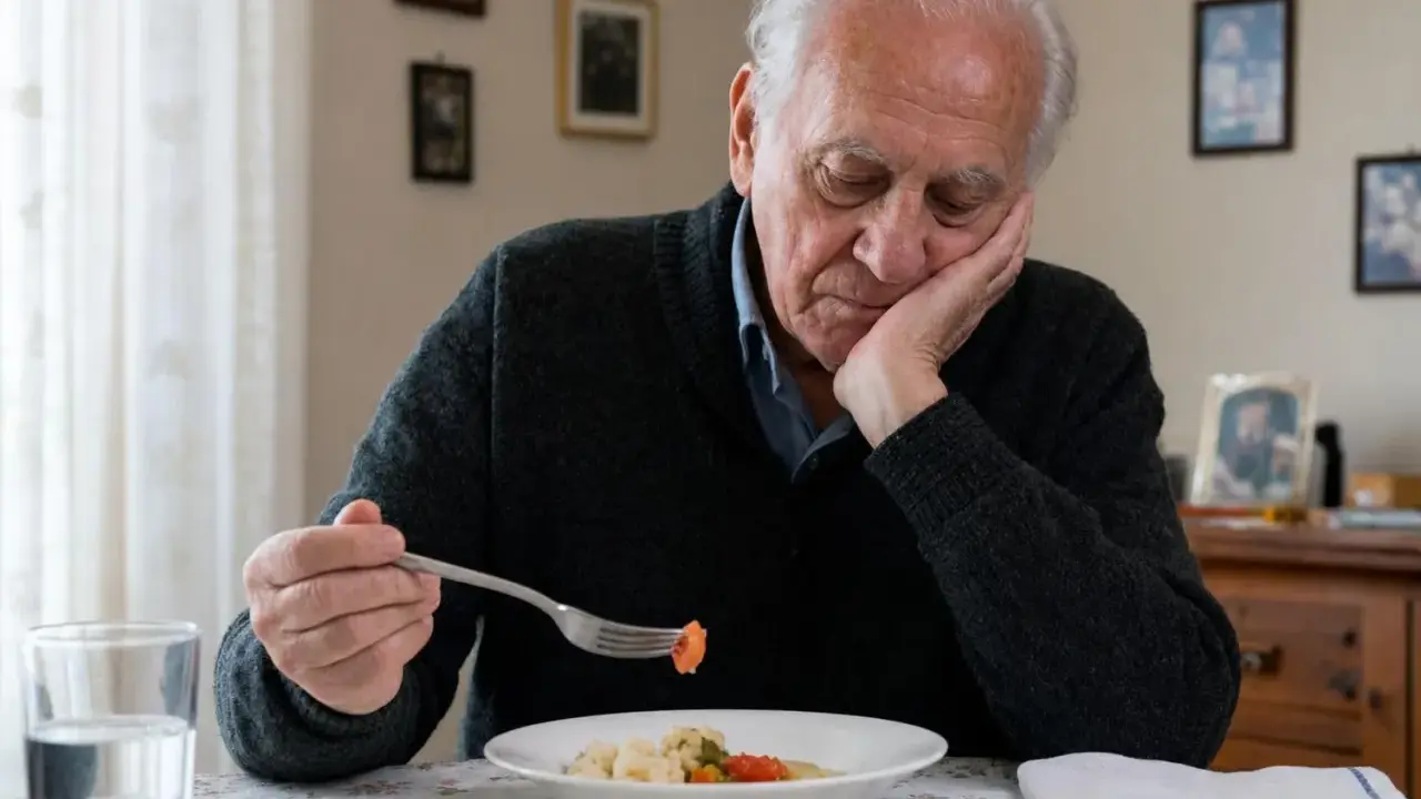 Anziano con demenza senile, appoggiato al cibo, mostra il rifiuto del cibo. La sua mano regge una forchetta con un pezzo di carota.