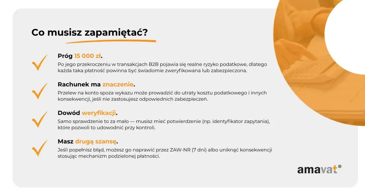 Co musisz zapamiętać? Próg 15 000 zł. Rachunek ma znaczenie. Dowód weryfikacji. Masz drugą szansę. Zastosuj białą listę, by uniknąć konsekwencji.