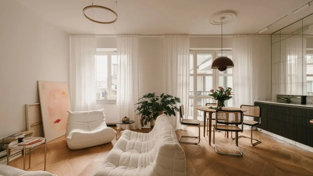 Przytulny salon w beżu z wygodnymi sofami, okrągłym stołem i sztuką na ścianie.