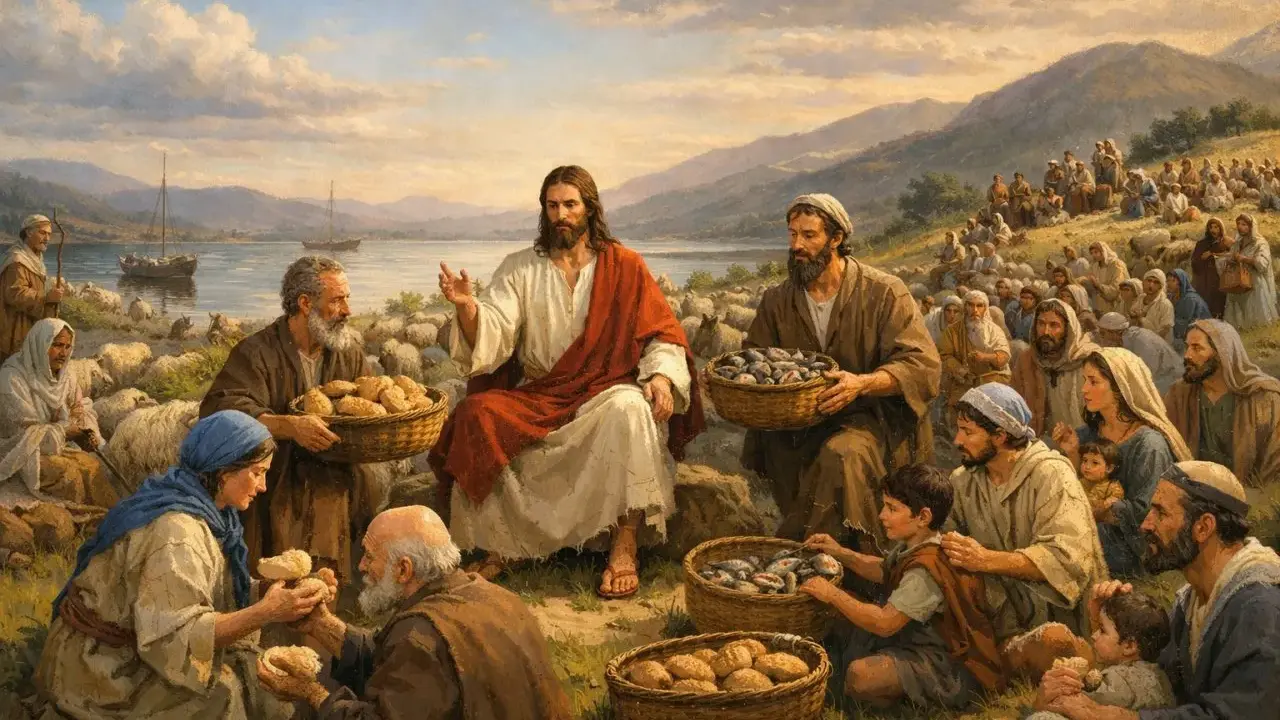 Jezus dokonuje rozmnożenia chleba i ryb dla tłumu. Ludzie siedzą na wzgórzu, a przed nimi kosze pełne jedzenia.