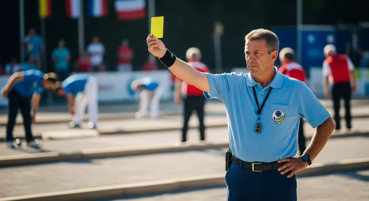 Arbitre de pétanque brandit un carton jaune, rappelant les nouvelles règles. Des joueurs se penchent sur le terrain.
