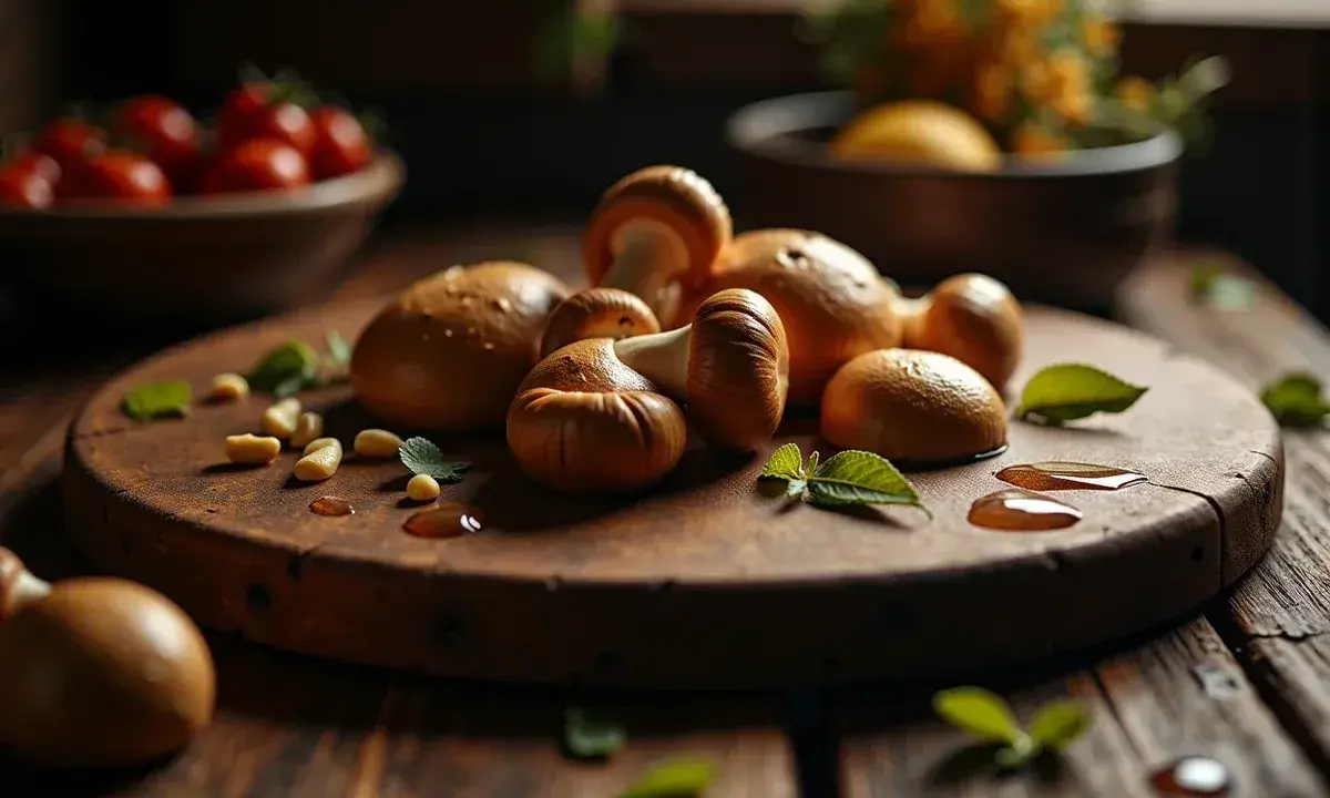 Surowe pieczarki na pizze, czosnek i listki mięty na drewnianej desce. W tle miska z pomidorkami.