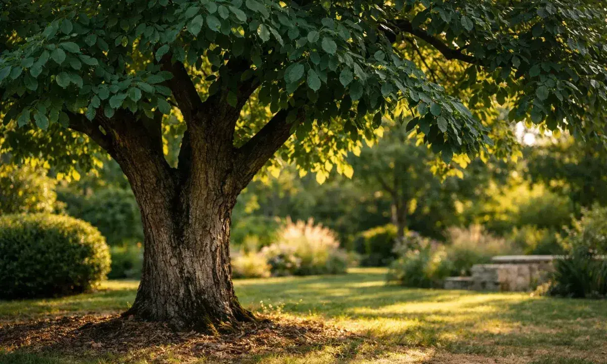 Gros tronc d'un noyer mature dans un jardin ensoleillé. Idéal pour apprendre comment planter un noyer et voir le résultat.