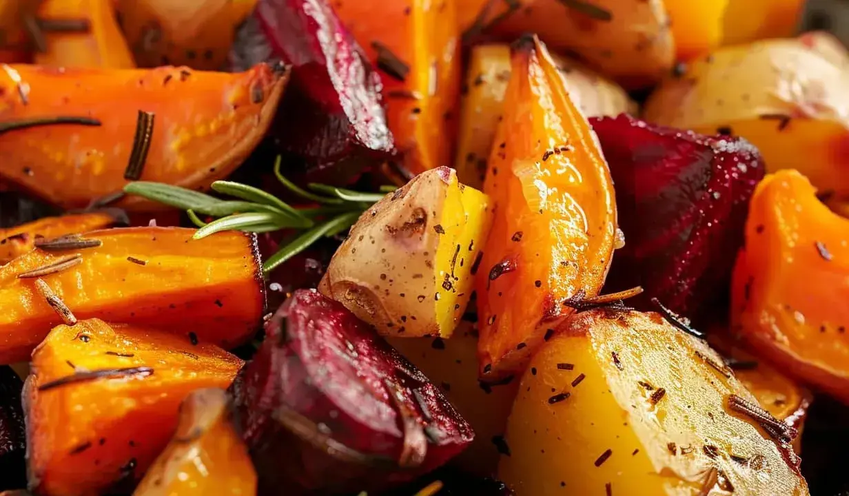 Ugnsrostade rotfrukter med rosmarin, en färgsprakande och smakrik blandning av morötter, rödbetor och potatis.