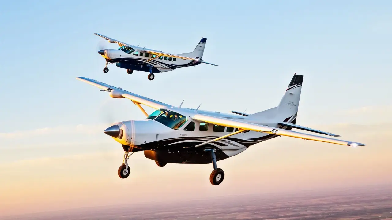 Zwei Cessna Grand Caravan Flugzeuge fliegen im Sonnenuntergang.