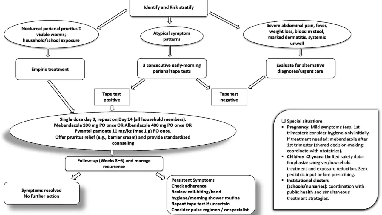 Diagramma di flusso per la diagnosi e il trattamento degli ossiuri. Include test, terapie e gestione dei casi speciali, utile per il test ossiuri in farmacia.