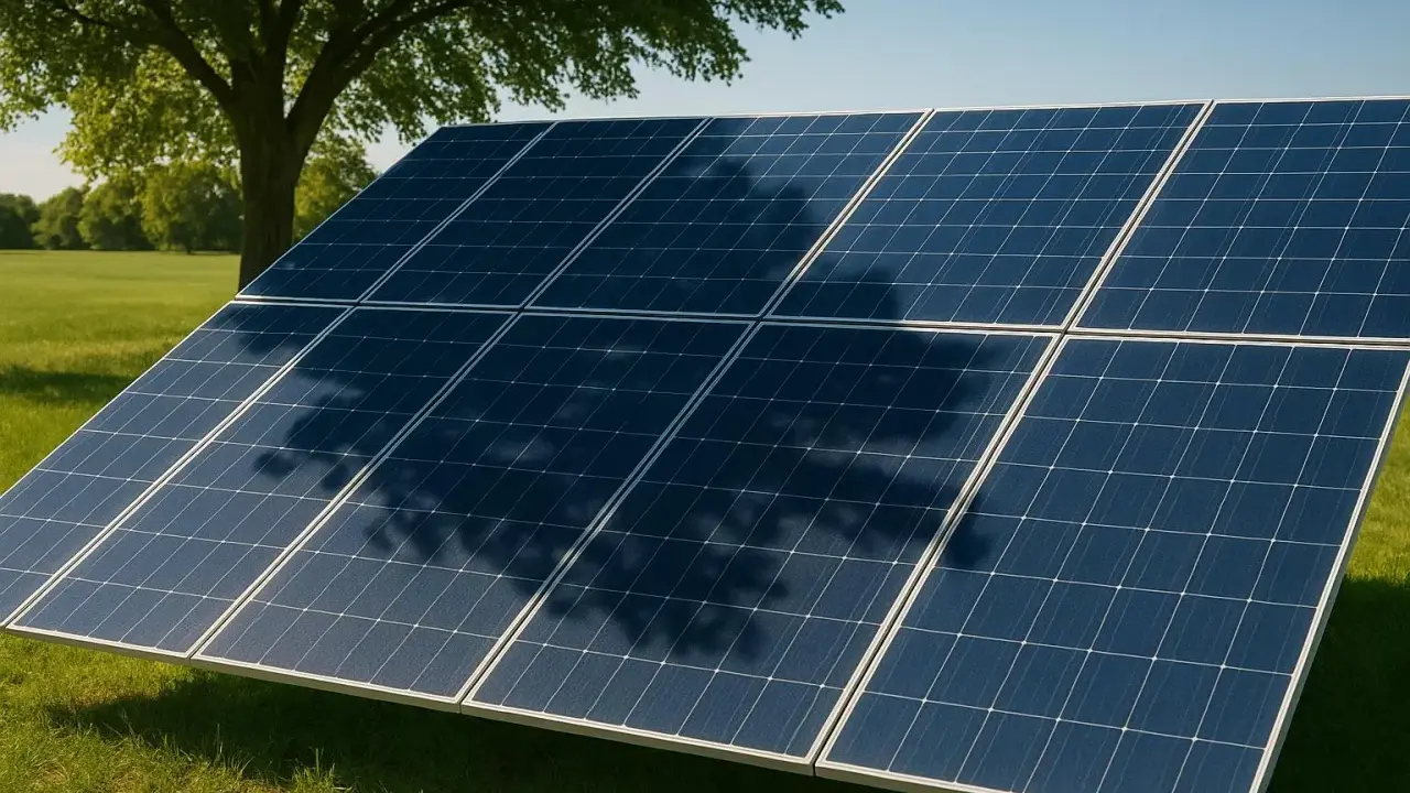 Solceller på en grön äng, med en stor trädskugga som faller över panelerna.