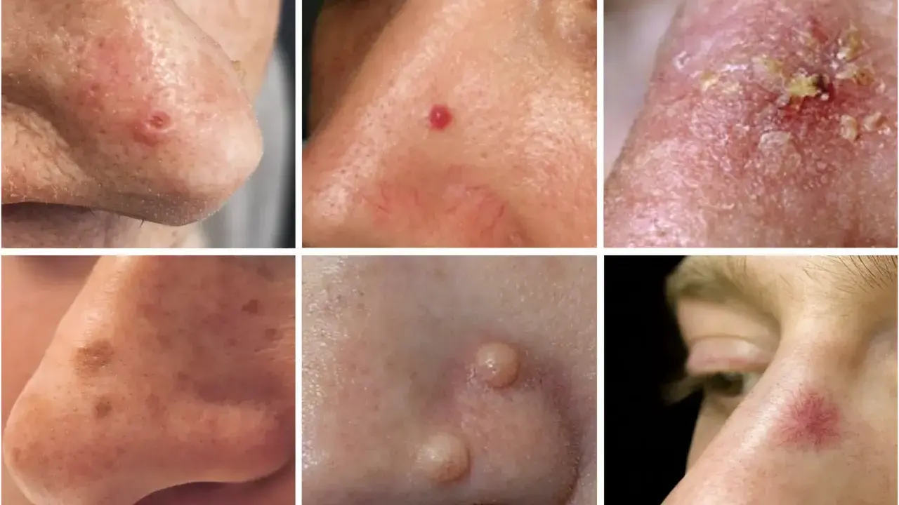 Six gros plans de nez montrant diverses affections cutanées : un bouton qui ne part pas, une rougeur, des croûtes, des taches, des excroissances et des vaisseaux sanguins dilatés.