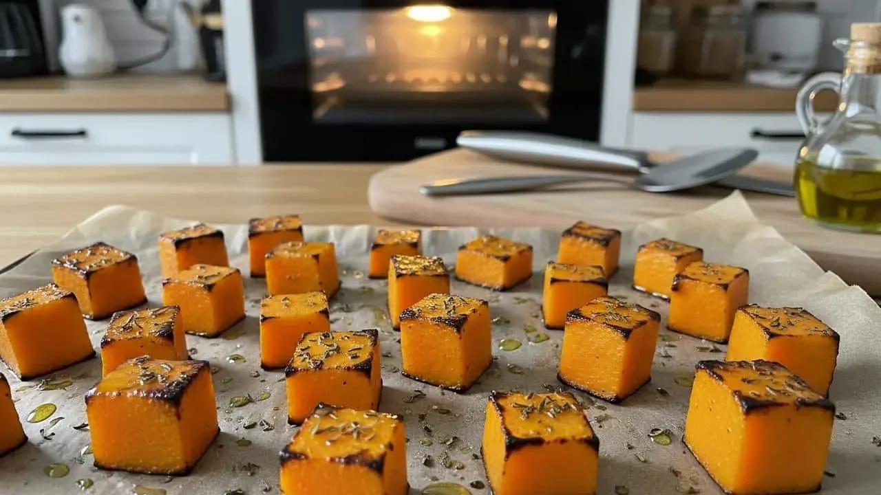 Dés cubes de courge rôtis sur une plaque de cuisson, prêts pour une délicieuse recette de courge au four. L'huile d'olive et les herbes ajoutent une touche savoureuse.