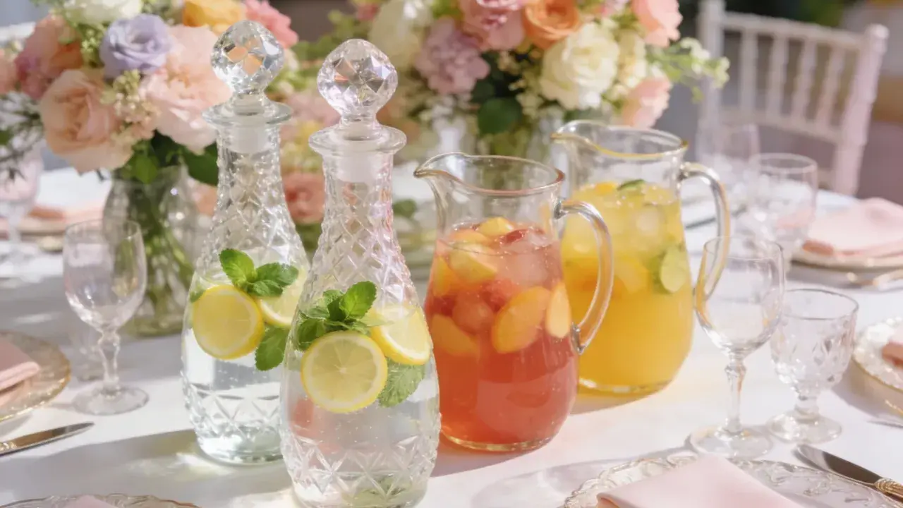 Elegancko nakryty stół weselny z karafkami wody z cytryną i miętą oraz dzbankami z owocowymi napojami. Idealne na wesele, ile soków na wesele!