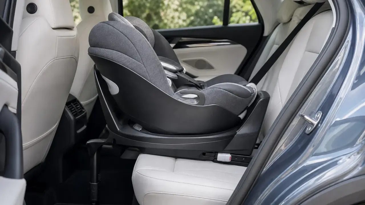 Silla de coche para bebé, instalada a favor de la marcha, con base giratoria y tapicería gris sobre asientos de cuero blanco en el interior de un vehículo.