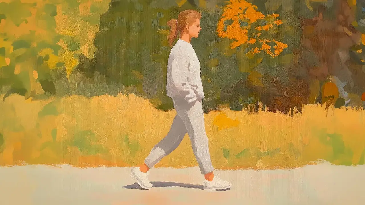 En kvinna i vita kläder promenerar i en park med höstfärger. En stund av aktiv vila i naturen.