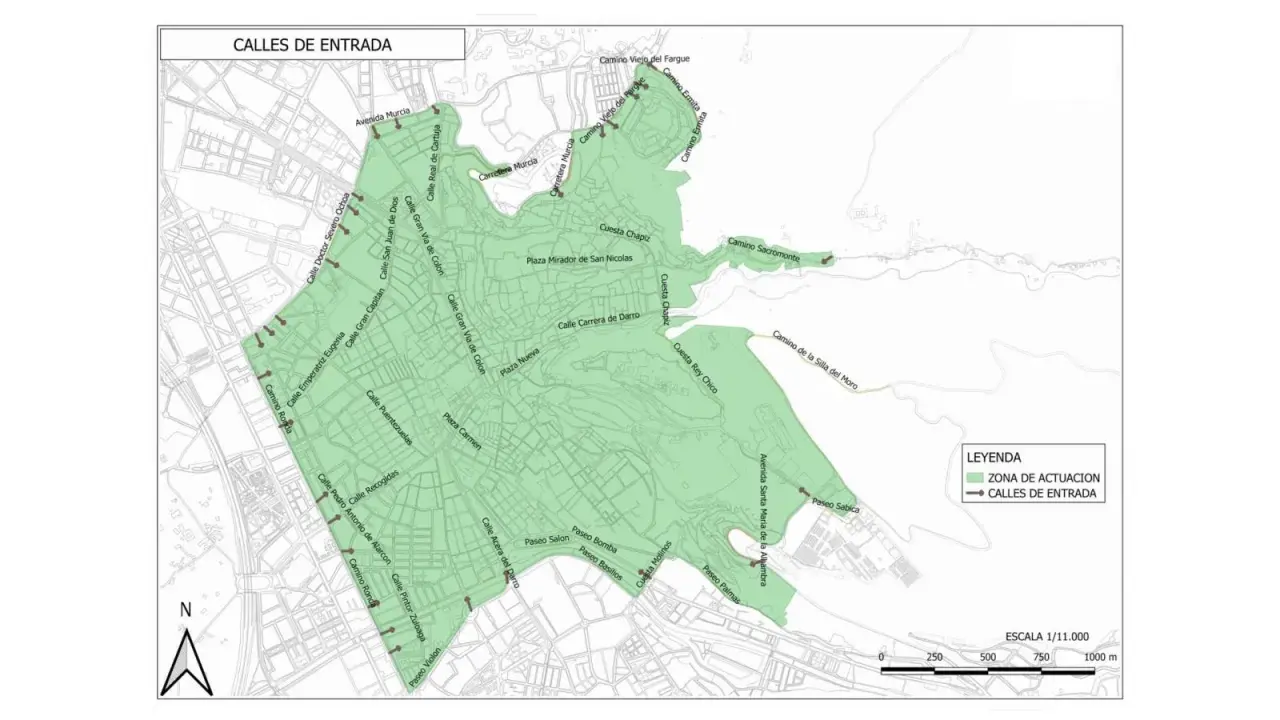 Mapa de Granada que muestra las calles de entrada y la zona de actuación. Se puede entrar al centro de Granada en coche por varias vías principales.