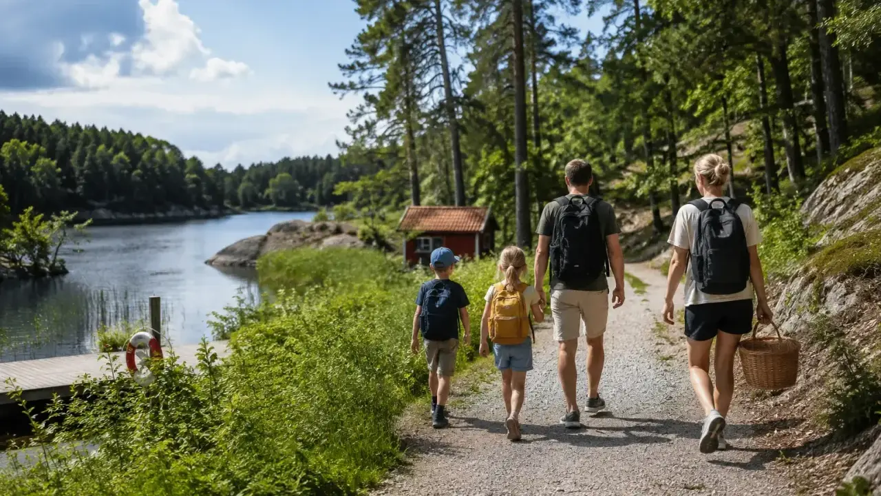 Familj på utflykt Stockholm, vandrar längs en sjö med ryggsäckar och picknickkorg.
