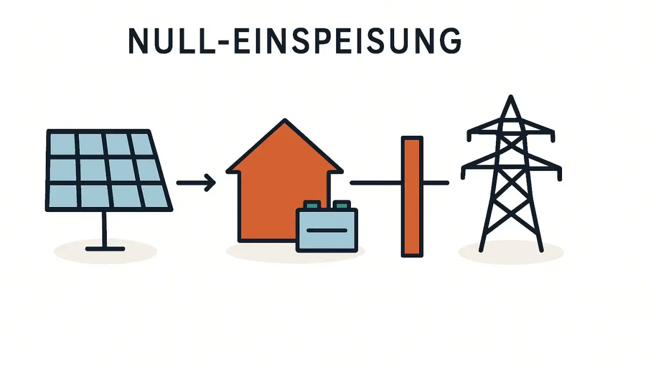 Schema zeigt PV-Anlage, Haus mit Speicher und Strommast. Ziel: PV-Nulleinspeisung, also kein Strom ins Netz.
