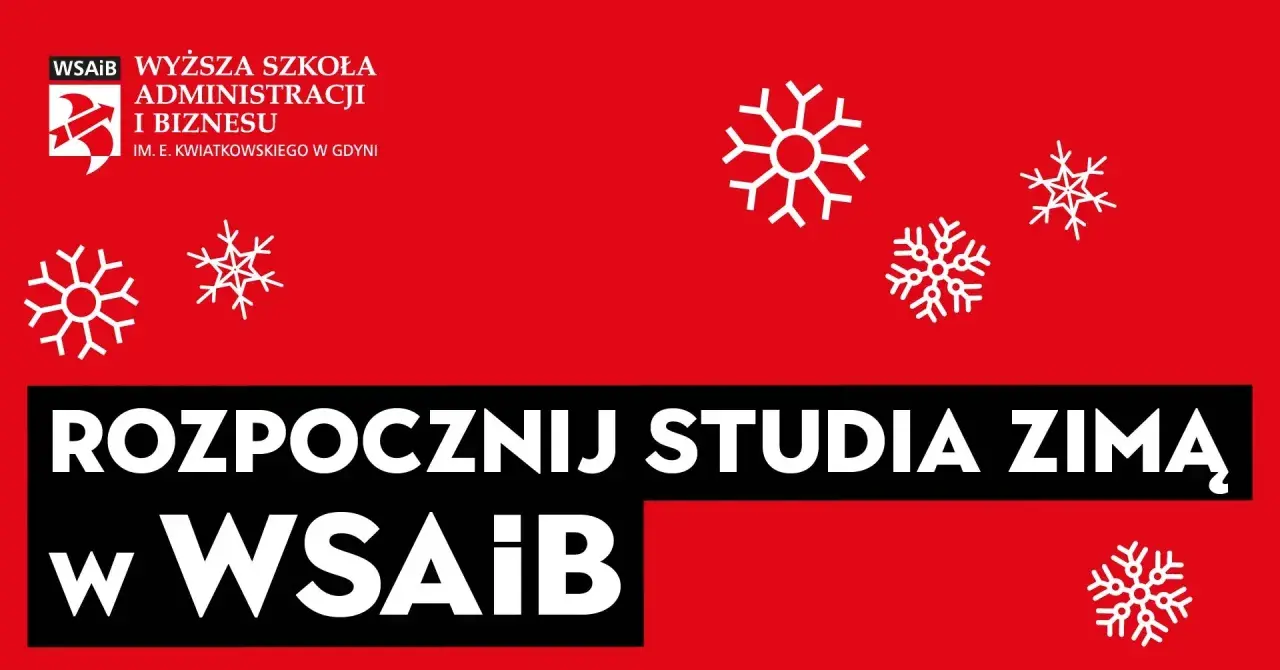 Rozpocznij studia zimą w WSB Gdynia! Białe płatki śniegu i logo uczelni zapraszają na zimową rekrutację.