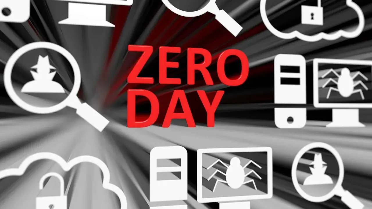 Rote Schriftzüge "ZERO DAY" vor einem Hintergrund mit Cyber-Symbolen wie Lupe, Hacker, Computer und offenes Schloss. Ein zero day exploit ist hier das Thema.