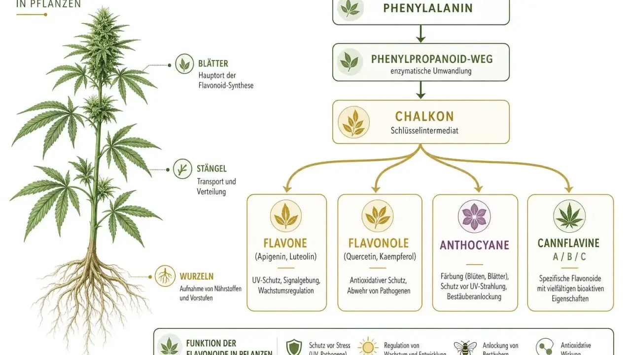 Schema der Flavonoid-Biosynthese in Pflanzen. Die vielfältige Flavonoide wirkung umfasst Schutz, Regulation und Anlockung.