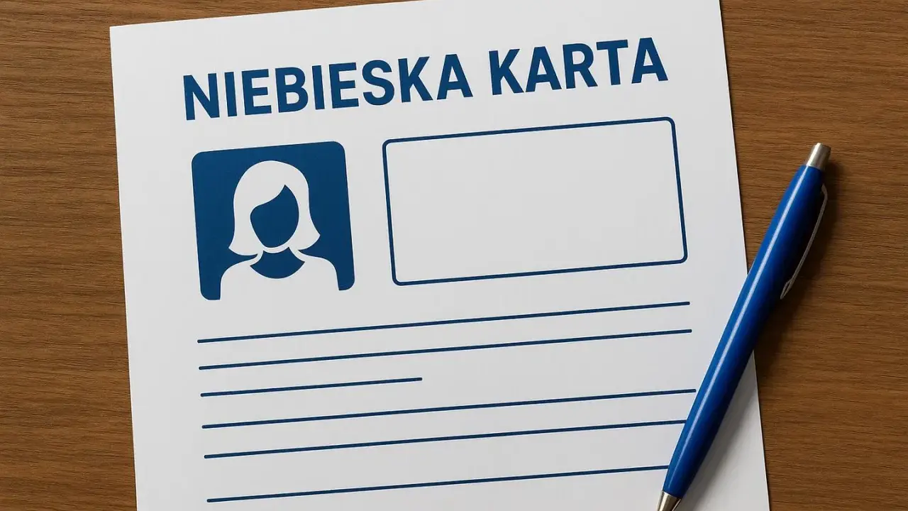 Dokument "Niebieska Karta" z ikoną osoby i pustymi polami do wypełnienia, obok niebieski długopis.