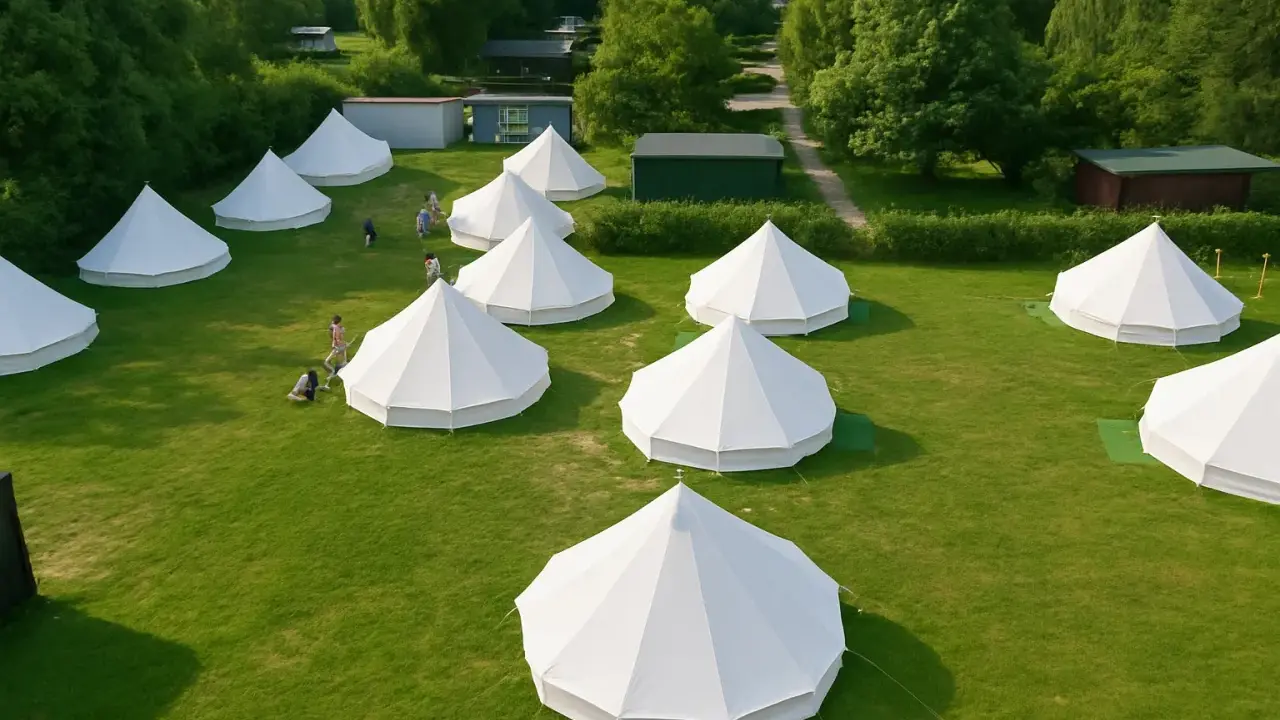 Wioska namiotów typu bell, idealna na glamping. Kilka osób spaceruje po zielonej trawie między białymi, stożkowymi konstrukcjami.
