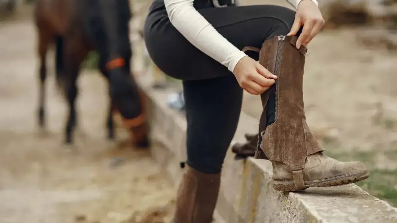 Jeździec zapina brązowe sztylpy na zamek, gotowy do jazdy. W tle widać konia.