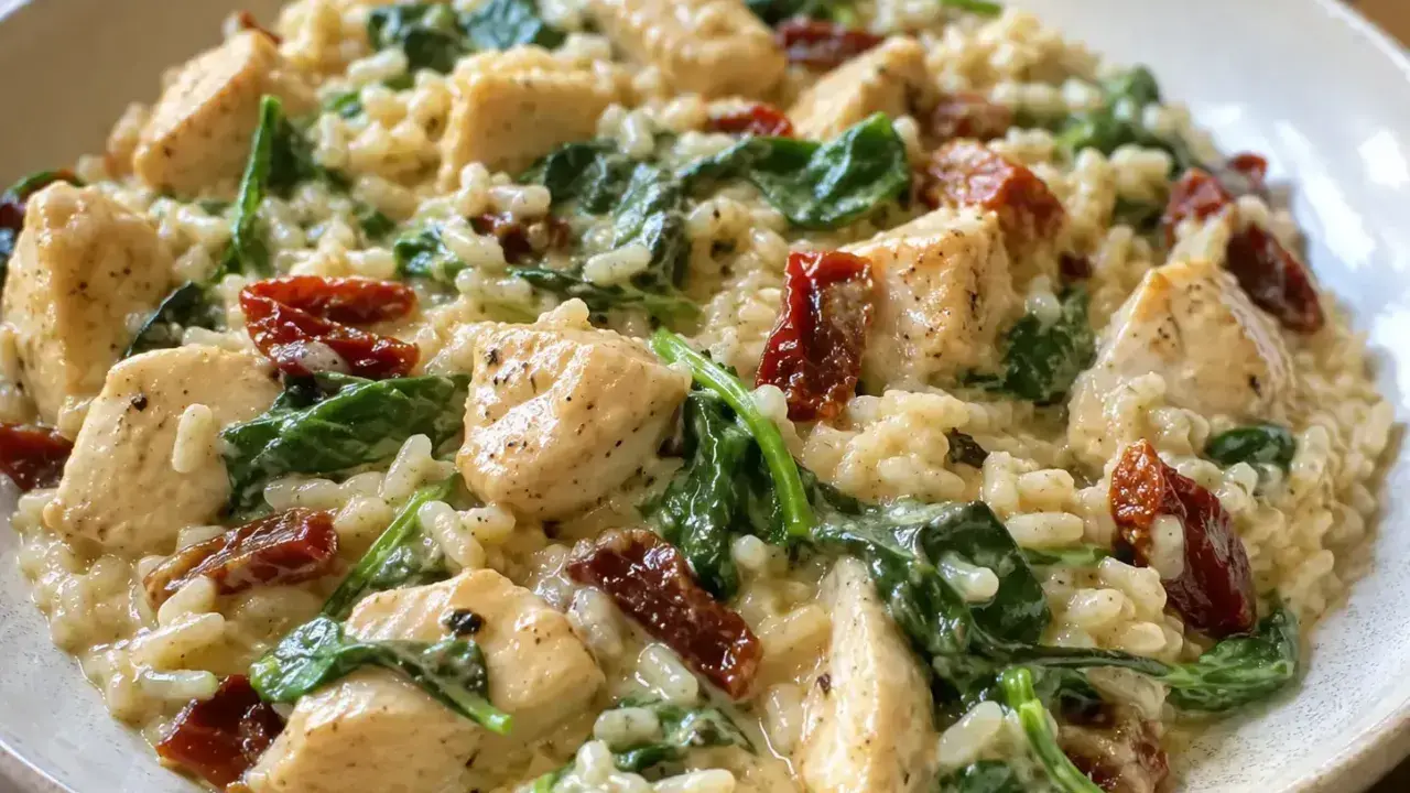 Pyszna pierś z kurczaka z suszonymi pomidorami i szpinakiem w kremowym risotto. Ania gotuje mistrzowsko!