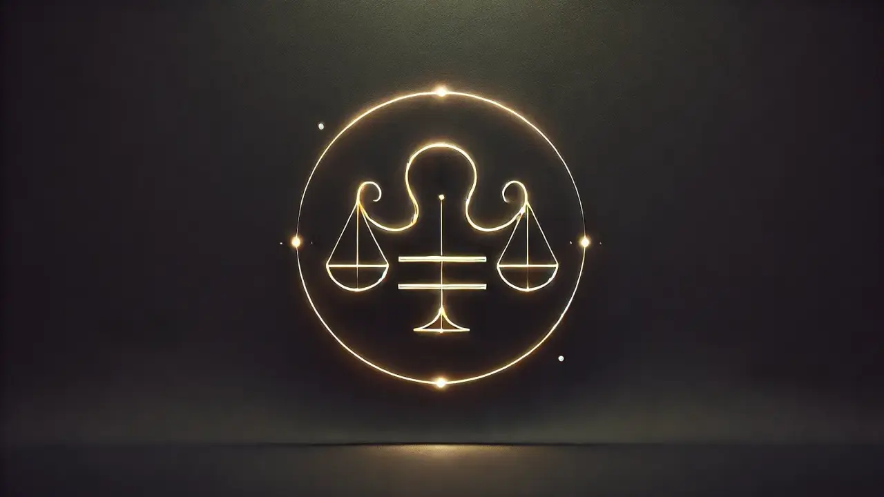 Złoty symbol Wagi, symbol 11. domu astrologii, świeci na ciemnym tle.