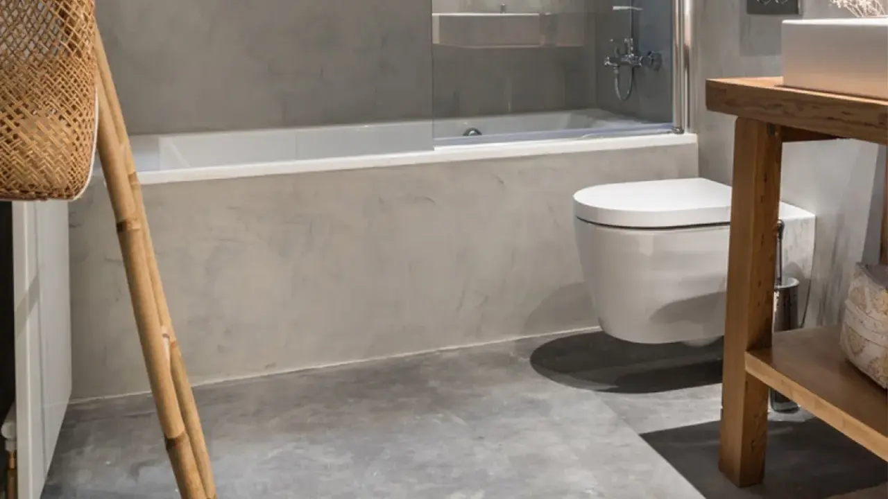 Baño moderno con ducha y WC suspendido. El suelo de microcemento y paredes grises dan un toque minimalista. Ideal para calcular el precio reforma baño 4 m2.