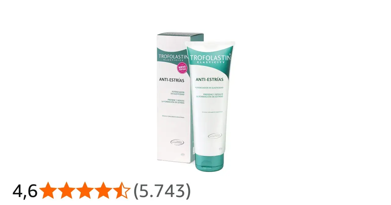 Crema antiestrías Trofolastin, con potencia de rosa mosqueta, previene y reduce la formación de estrías.