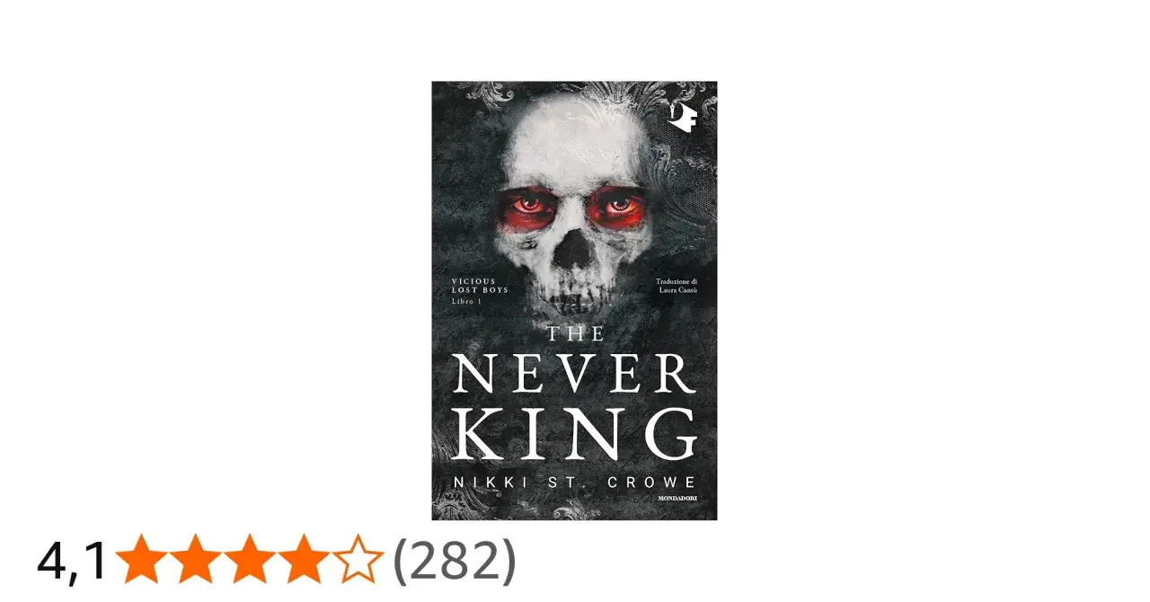 Copertina di "The Never King" di Nikki St. Crowe, con un teschio inquietante dagli occhi rossi.